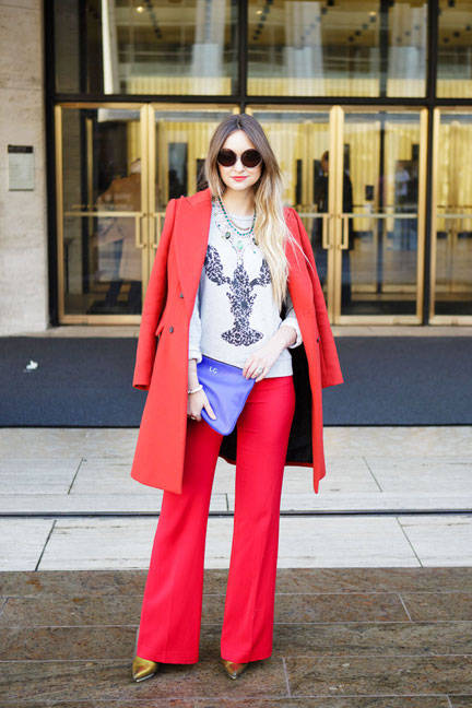 red pants and coat